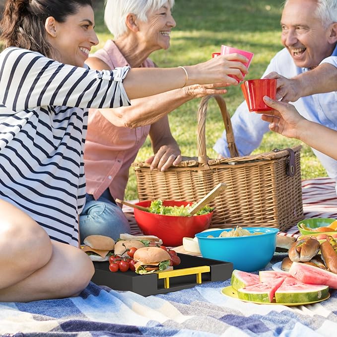 Leather Serving Tray with Gold Polished Metal Handles, Home Decorative Wooden Rectangle Ottoman Decor Platter Bathroom Vanity Tray for All Occasions Black