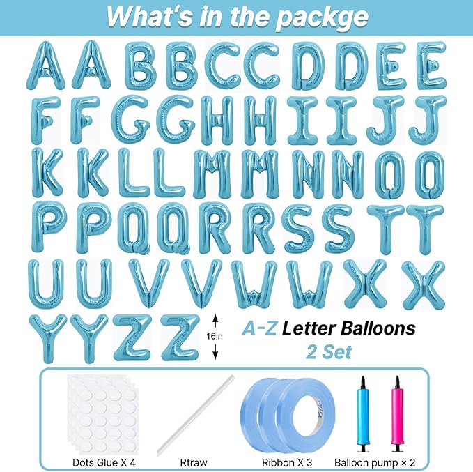 LIOZEOKUN Letter Balloons 16 Inch Alphabet A-Z Mylar Foil Balloons 2 Set for Wedding Birthday Party Decoration Banner Custom Phrase 52 Pcs