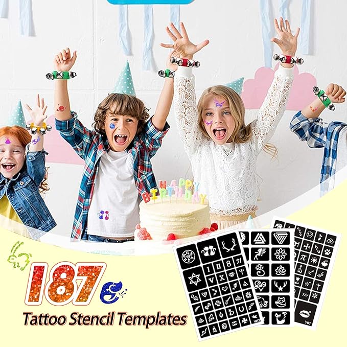 Temporary Glitter Tattoos Kit Kids with 187 glitter Tattoo Templates 34 Colors 3 Glitter Glue and Brushes Suitable for Kids and Girls Glitter Temporary Tattoos Fun Creative Activities