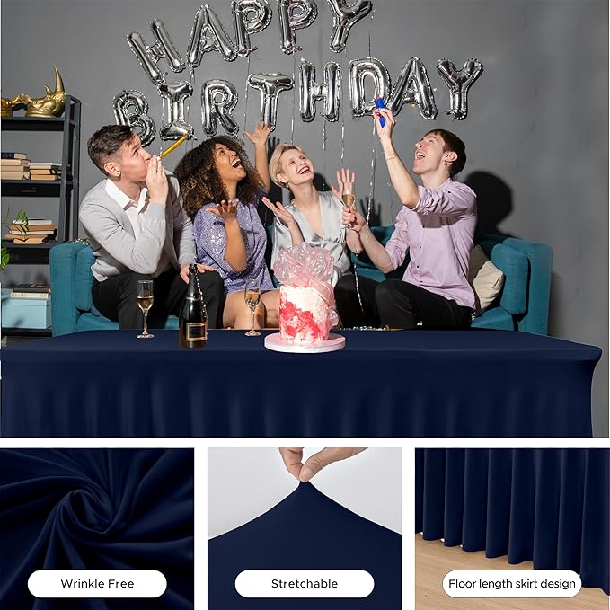 HolidayIdeas Spandex Table Skirts for Rectangle Tables 8 Ft, Fitted Stretch Table Cover 30x96 Inch, Wrinkle-Free Ruffle Design Tablecloths for Banquets,Trade Shows, Parties, Events, 4 Pack, Navy