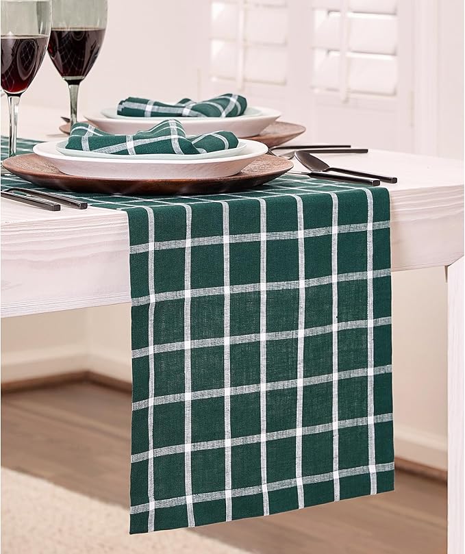 Solino Home Linen Plaid Table Runner 60 Inches - 100% Pure Linen Windowpane Dark Green Short Table Runner 14 x 60 Inch Ideal for Dresser and Coffee Tables - Christmas, Holiday, Xmas, Winter