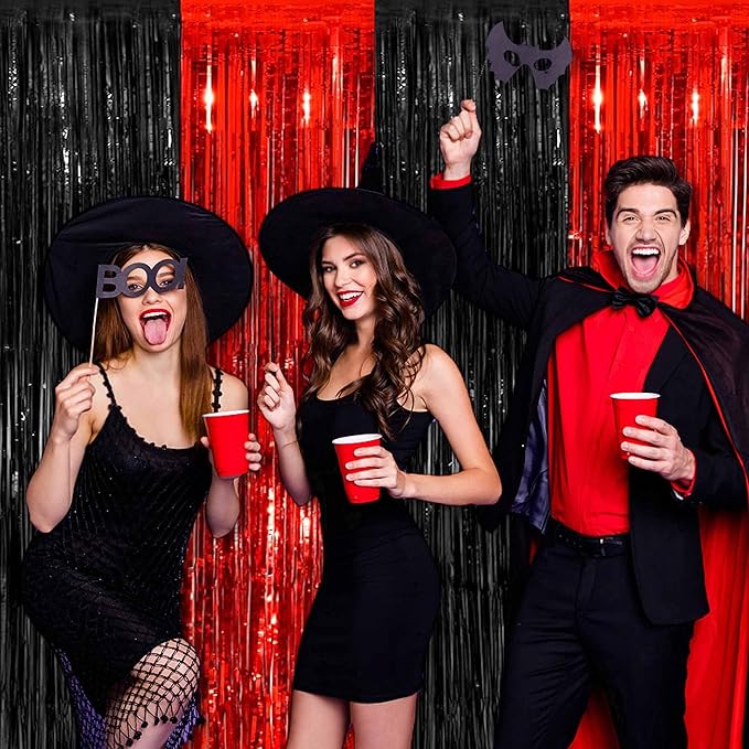 3 Pack Black and Red Foil Fringe Curtains Backdrop, 3.28 x 6.6 Ft Metallic Streamers Tinsel Curtains Background for Photo Booth, Birthday, Halloween, Christmas, New Year Party Decorations