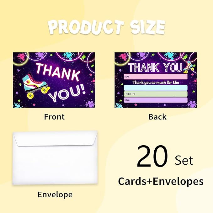 Kids Thank You Card, Retro Disco Theme Thank You Notes, Roller Skate Greeting Card With Envelope, Birthday Wedding Graduation Christmas Party Favors Supplies Decor(20 Pcs)-05