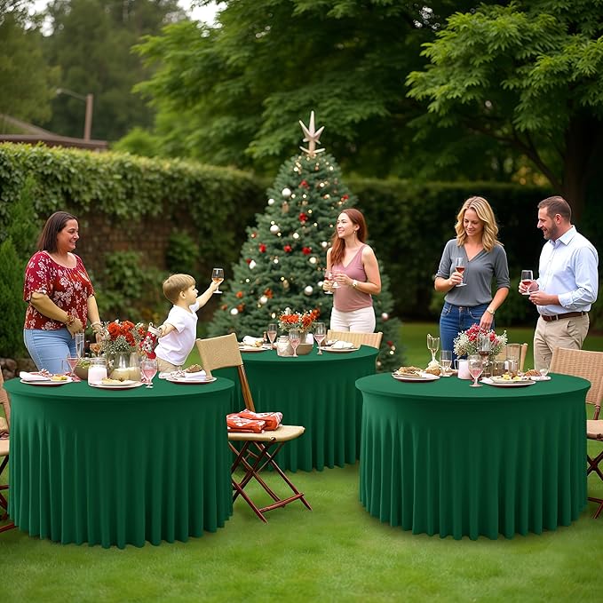 HolidayIdeas 6 Pack Hunter Green Spandex Table Skirts for 60 Inch Round Tables, Fitted Covers for Christmas Receptions