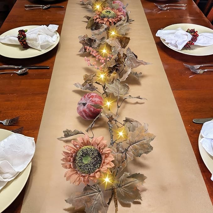 Artgar Fall Sunflower Garland - 6 Ft Fall Garland with 30 Warm Lights with Pumpkin Pinecone Berry for Thanksgiving Harvest Halloween Mantel Table Porch Railing Indoor Outdoor Decor