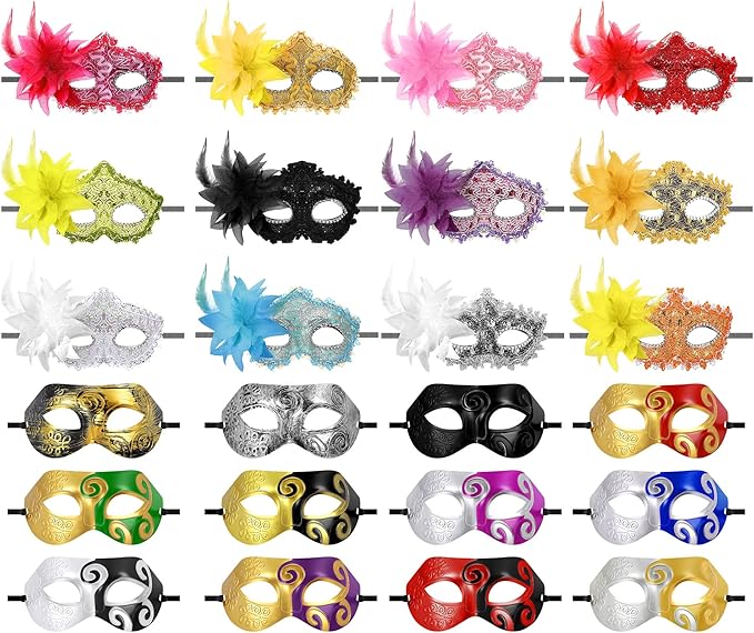 24 Pcs Mardi Gras Masquerade Mask Half Face Venetian Masks Vintage Mascarade Mask Antique Look Costumes Party Accessory for Women Men Halloween, 24 Styles and Colors