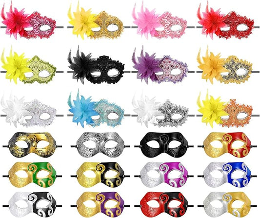 24 Pcs Mardi Gras Masquerade Mask Half Face Venetian Masks Vintage Mascarade Mask Antique Look Costumes Party Accessory for Women Men Halloween, 24 Styles and Colors