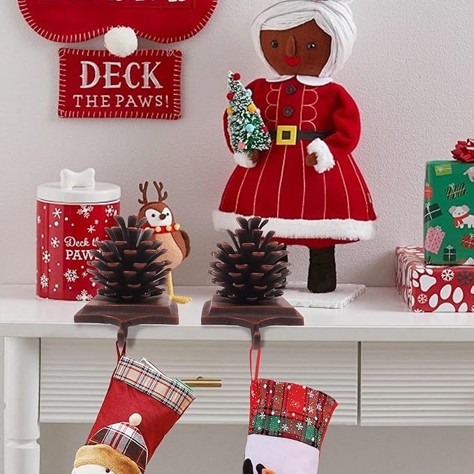 JUSTOTRY New Pine Cones Christmas Stocking Holder Set of 2 with Non-Skid Retro Brown Stocking Hangers for Mantel Fireplace Christmas Indoor Home Decor Gifts Xmas Decorations
