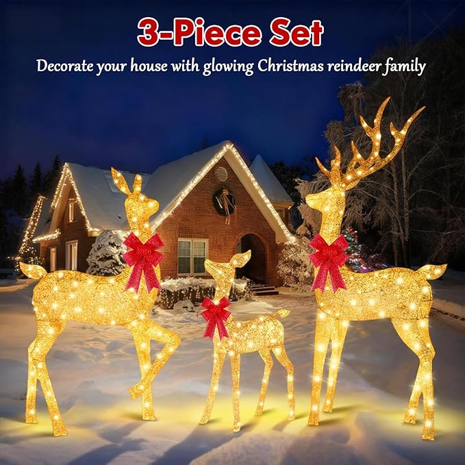 3-Piece Reindeer Outdoor Christmas Decoration, 6.7FT Large Lighted Christmas Deer Family Set, Outdoor Reindeer Xmas Decorations Yard with 400 LED Lights, Stakes, Zip Ties - Gradient Gold