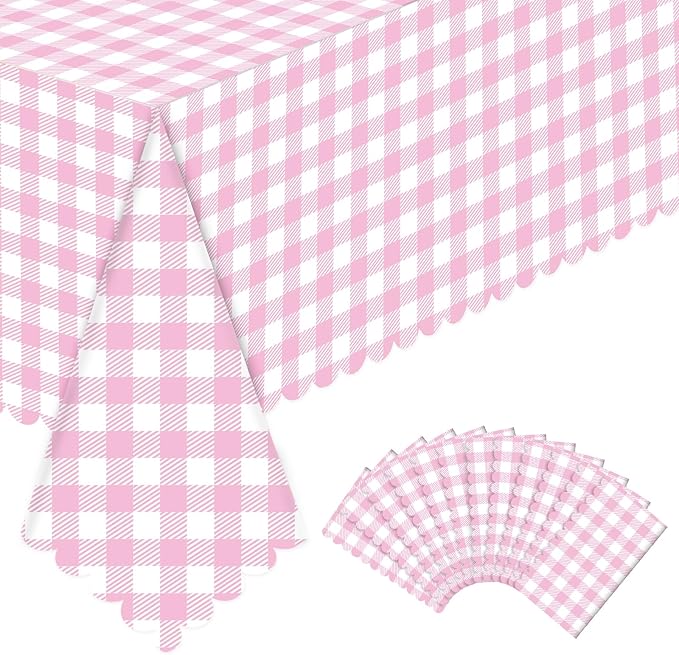 12 Pack Pink Gingham Tablecloth, 54 X 108Inch Plastic Pink Table Checkered Tablecloth Waterproof Pink and White Spring Checkered Tablecloths for Mothday’s Day Picnic Birthday Barbecue Parties