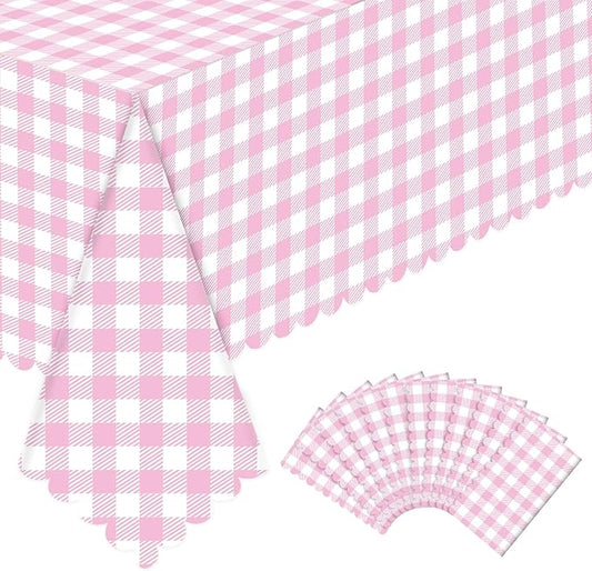 12 Pack Pink Gingham Tablecloth, 54 X 108Inch Plastic Pink Table Checkered Tablecloth Waterproof Pink and White Spring Checkered Tablecloths for Mothday’s Day Picnic Birthday Barbecue Parties