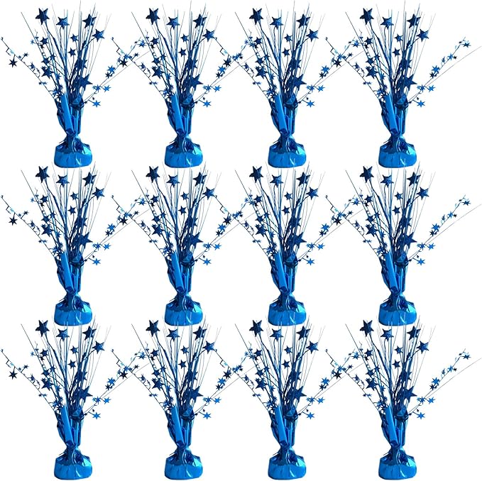 12 Pack Metallic Blue Foil Spray Centerpieces Stars Brust Table Centerpieces for Wedding Birthday Anniversary Holiday Party Decor, Metallic Star Balloon Wights for Party, Table Decor for Party