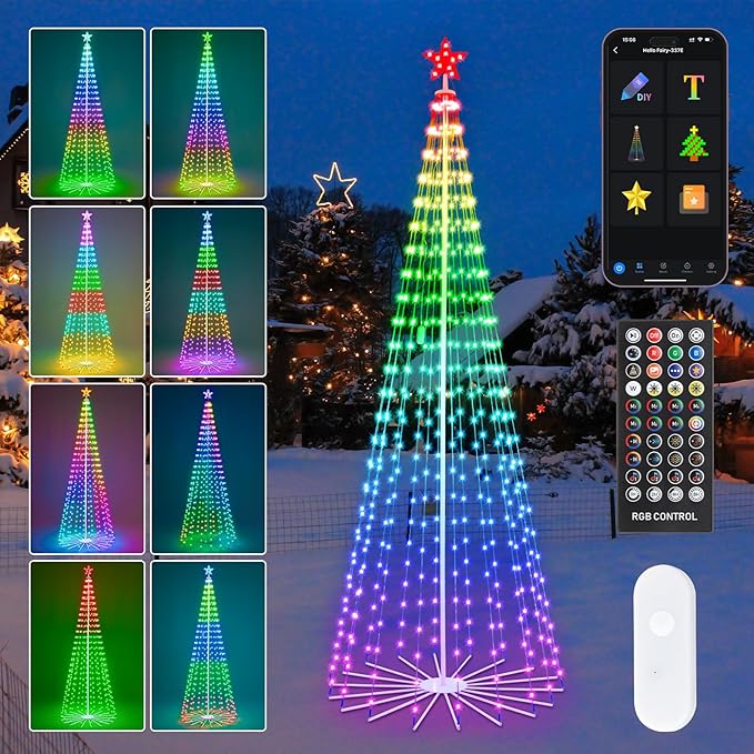 9FT Outdoor Christmas Tree, RGB Color Changing Pre-lit Smart Cone Christmas Tree with LED Lights, App&Remote Control, DIY Multi-Color Lightshow, Music Sync, Christmas New Year Decoration