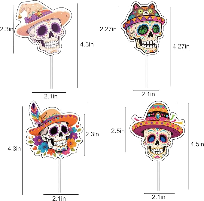 48PCS Halloween Skull Cup Cake Topper, 8 Design Paper Cake Gillter for Horror Theme Party,Birthday Bupcake Topper for Halloween Party Decoration