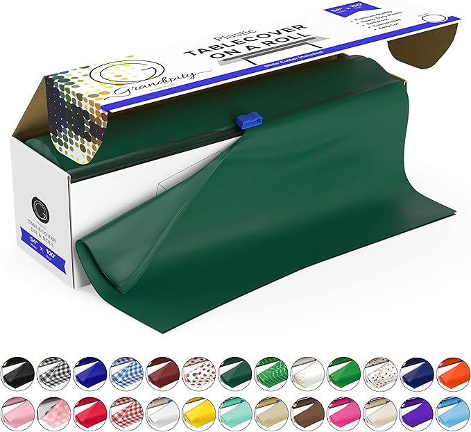 Grandipity Plastic Tablecloth Roll, 54x100' Dark Green, Disposable Rectangular Table Cover with Cutter Box, Lightweight, Wrinkle-Resistant, Waterproof, for Parties, Picnics, BBQ, Kids Arts & Crafts