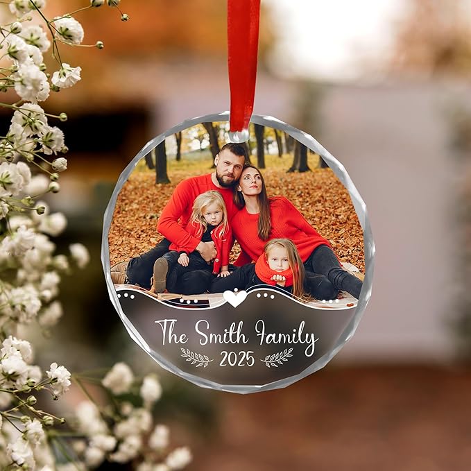 Personalized Family Photo Christmas Ornament 2025 – Custom Picture Glass Crystal Round Keepsake for Your Whole Family – Cherished Gift for Parents, Grandparents & Kids (#PGO08)