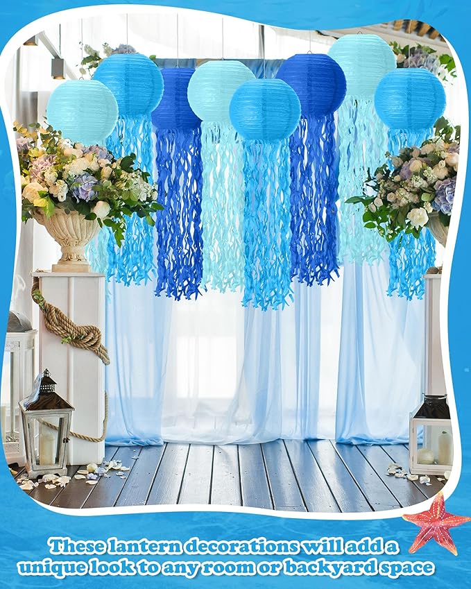 18 Pcs Jellyfish Paper Lanterns Jellyfish Lantern Hanging Decoration Ocean Theme Party Supplies Mermaid Birthday Decorations for Baby Shower Under The Sea Birthday Party Supplies(Blue)