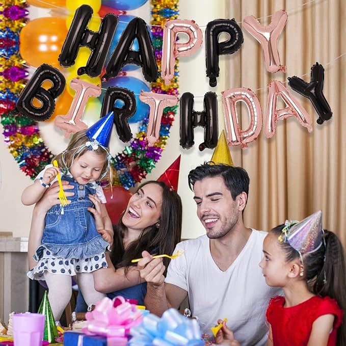 Accevo Black Rose Gold Happy Birthday Banner, 16 Inch Mylar Foil Letters Birthday Balloon, Happy Birthday Balloon for Kids, Child, Adults, Boys & Girls Happy Birthday Sign Birthday Party Decorations