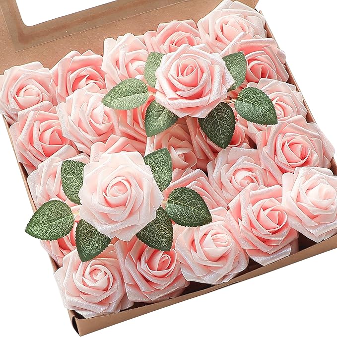 Floroom Artificial Flowers 25pcs Real Looking Shimmer Blush and Peach Foam Fake Roses with Stems for DIY Wedding Bouquets Bridal Shower Centerpieces Floral Arrangements Party Tables Home Decorations