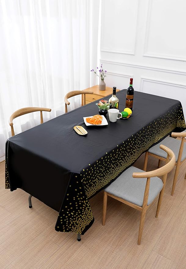 108"x54" 4 Packs Black and Gold Disposable Party Tablecloth for Rectangle Table, Gold Stamping Dot Confetti Rectangular Plastic Table Cover, for Graduation, Birthday, New Year Eve 2025