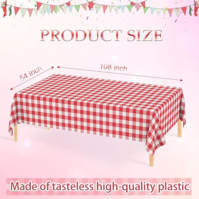 WNINK 6 Pack Red Gingham Tablecloth Rectangular Red and White Checkered Tablecloths Disposable Plastic Red Plaid Table Cover for Parties, Christmas, Outdoor Picnic, Birthday, Wedding, Camping 54 × 108