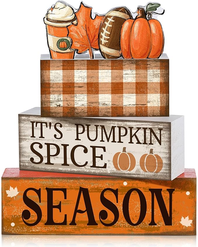 4 Pcs Fall Football Decorations for Home Thanksgiving Table Decor Fall Tiered Tray Decor Decorative Football Maple Leaves Pumpkins Block Signs Farmhouse Thanksgiving Centerpiece for Home