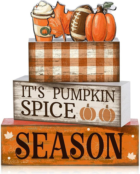 4 Pcs Fall Football Decorations for Home Thanksgiving Table Decor Fall Tiered Tray Decor Decorative Football Maple Leaves Pumpkins Block Signs Farmhouse Thanksgiving Centerpiece for Home