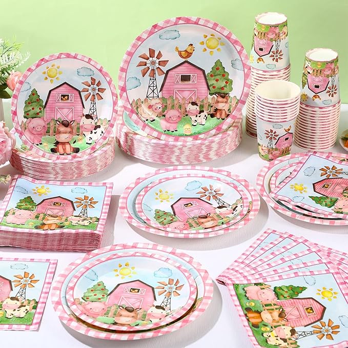 250 Pcs Farm Animals Themed Party Decorations Barn Animal Paper Plates Cups and Napkins Disposable Pink Barnyard Farm Tableware Set for Birthday Baby Shower Party Supplies, Serves 50