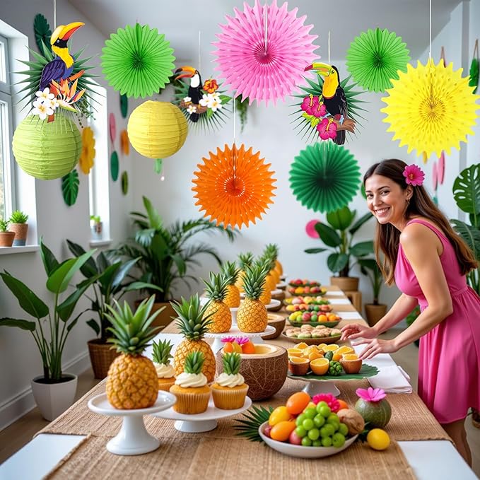 Tropical Bird Toucan Leaf Garland Party Kit for Summer Hawaiian Luau Tiki Tropical Jungle Themed Party Decorations Luau Party Supplies Decor with Palm Leaves Paper Fan Paper Lanterns
