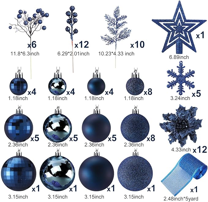 Sratte 94 Pcs Christmas Tree Decorations Set, Christmas Tree Ball Ornaments Glitter Poinsettia Flowers Decorations Glitter Berries Stems for Xmas Holiday Wedding(Navy Blue)