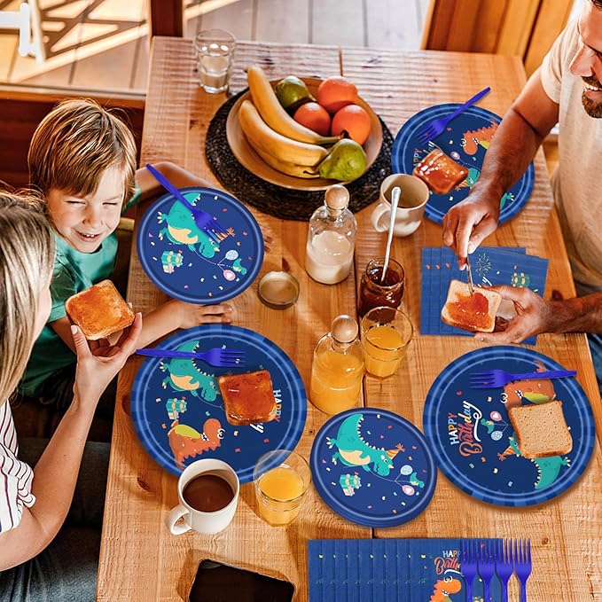 96 PCS Dinosaur Party Supplies Blue Dinosaur Birthday Party Tableware Set for Boy Kids Blue Dino Plates Napkins Forks Party Decorations for 24 Guests