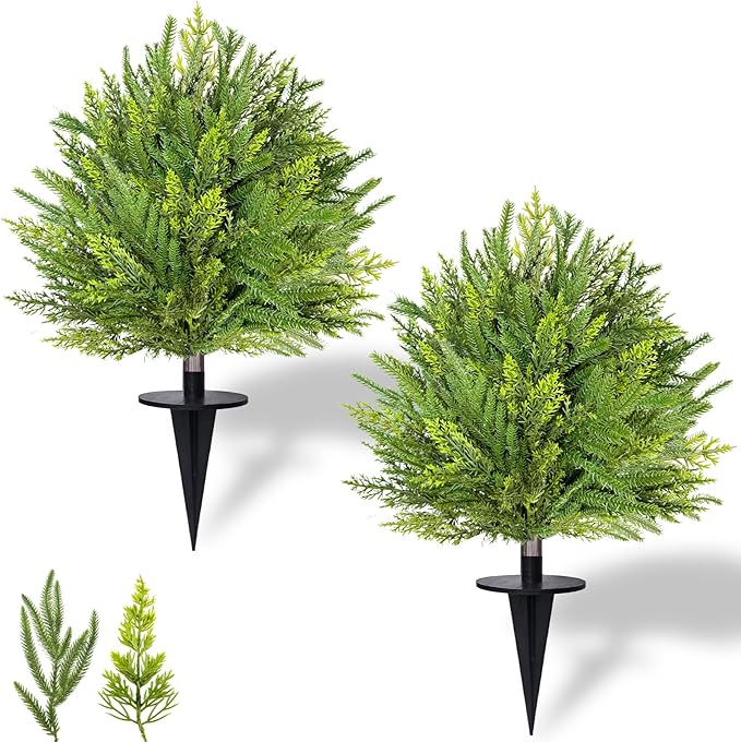 Mixed Branches - 2 Pack 24" Artificial Christmas Topiary with Spike Lifelike Norfolk Pine Cypress Tips Fake Ball Bush Plants Christmas Pot Fillers Front Porch Door Garden Indoor Outdoor decorations