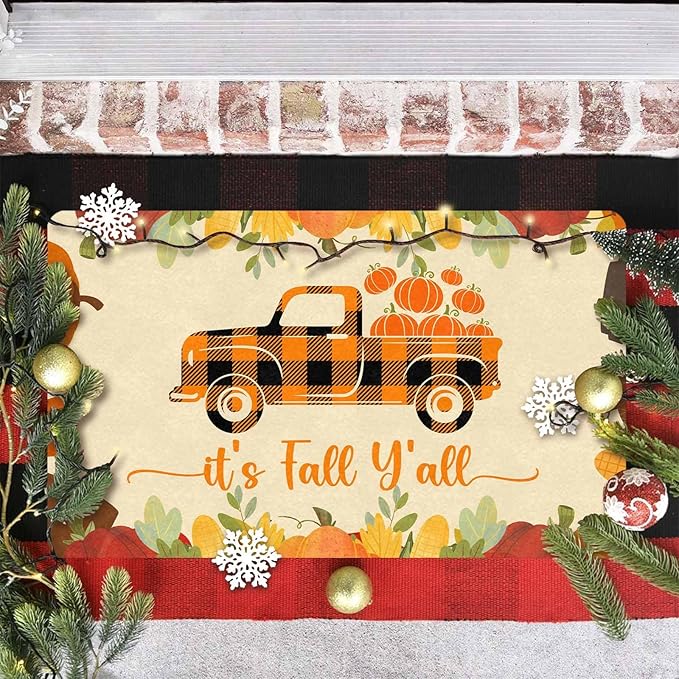 Thanksgiving Doormat Fall Welcome Buffalo Plaid Truck Door Mat Front Door Outdoor Doormat Outside Entrance Porch Non Slip Rubber Rug Autumn Halloween Thanksgiving Farmhouse Decor, 30"x18"inch