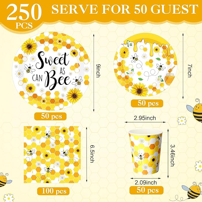 250 Pcs Bee Party Decoration Sweet as Can Bee Paper Plates Napkins and Cups Party Tableware Set for Honey Baby Shower Gender Reveal Birthday Decorations, Serves 50