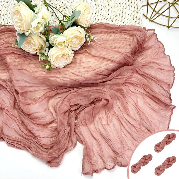 Booque Valley 3 Pack Dusty Blush Cheesecloth Table Runner 10ft Super Soft Boho Wrinkled Gauze Sheer Cloth for Baby Shower Baptism Birthday Party Wedding Centerpiece Table Decoration, 35x120 Inch