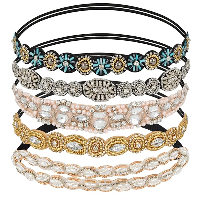 AMCAMI 5 Pcs Beaded Headband, Crystal Sparkly Hairbands for Women, Elastic Headbands with Pearls & Rhinestones, Hair Accessories for Women & Girls
