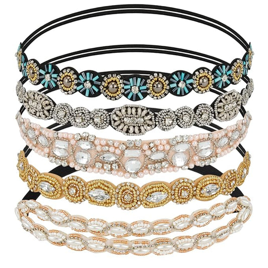 AMCAMI 5 Pcs Beaded Headband, Crystal Sparkly Hairbands for Women, Elastic Headbands with Pearls & Rhinestones, Hair Accessories for Women & Girls
