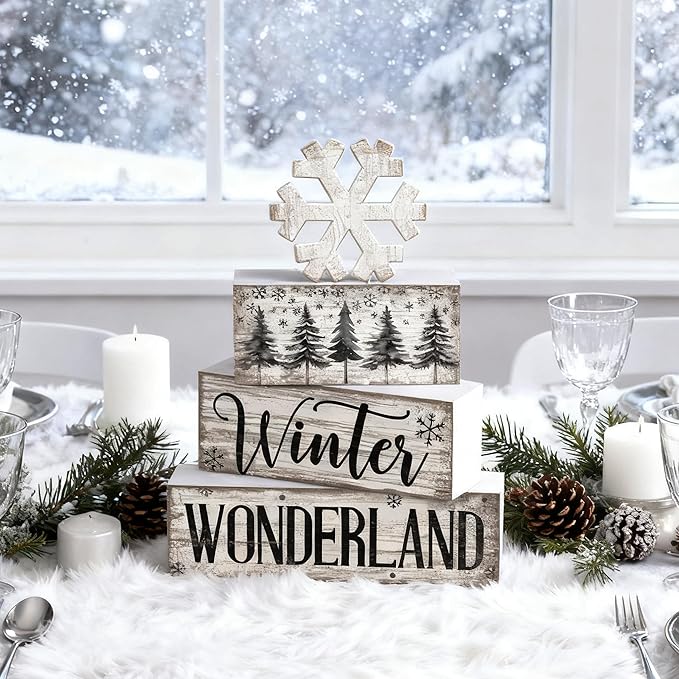 4 Pcs Christmas Table Decorations Wooden Snowflake Decor Winter Tiered Tray Decor Rustic Snow Block Signs Gift Farmhouse Christmas Centerpiece for Winter Wonderland Party Kitchen Home