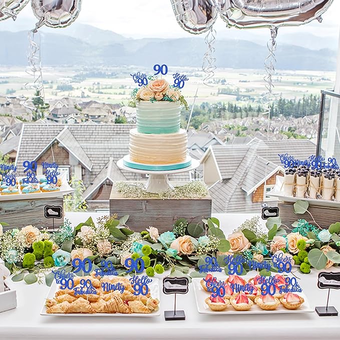 30PCS Happy 90th Birthday Cupcake Toppers Glitter Ninety Cheers to 90 Years Old Birthday Cupcake Picks Hello 90 Fabulous Cake Decorations for Happy 90th Birthday Anniversary Party Supplies Blue