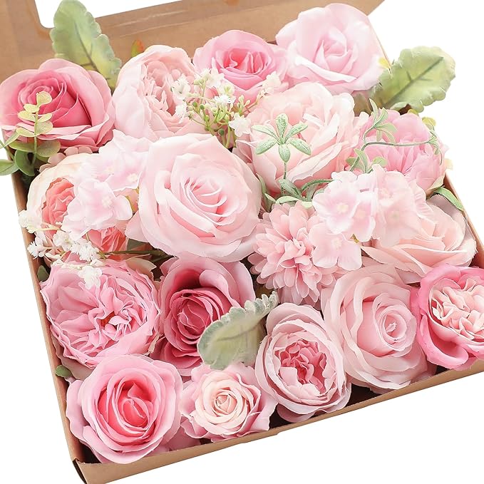 Floroom Blush Artificial Flowers Fake Roses Peonies Dahlia and Greenery Combo Box Set for DIY Pink Wedding Bouquets Bridal Shower Centerpieces Floral Arrangements Party Tables Home Decorations