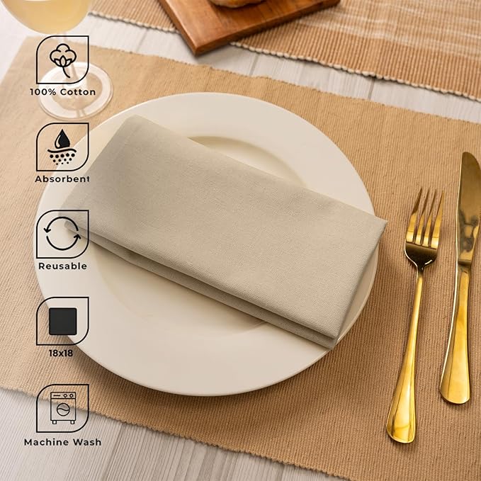 Blue Needles Solid Cloth Napkins Set of 12 Beige 100% Cotton Dinner Napkins 18x18 inches - Soft, Reusable, Absorbent & Washable Fall Thanksgiving Linen, Ideal for Events, Parties & Everyday Use
