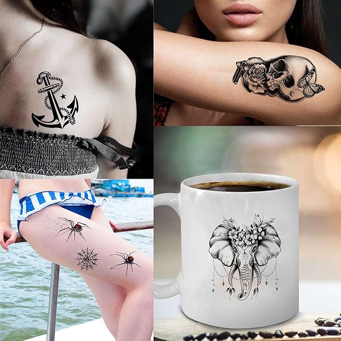 48 Sheets 3D Small Temporary Tattoos For Kids Women Neck Girls Arm Boys, Temp Tiny Halloween Tattoo Stickers Men Spider Cross Scorpion Snake Tiger Lion, Flower Ghost Skull Fake Tatoos Acnhor