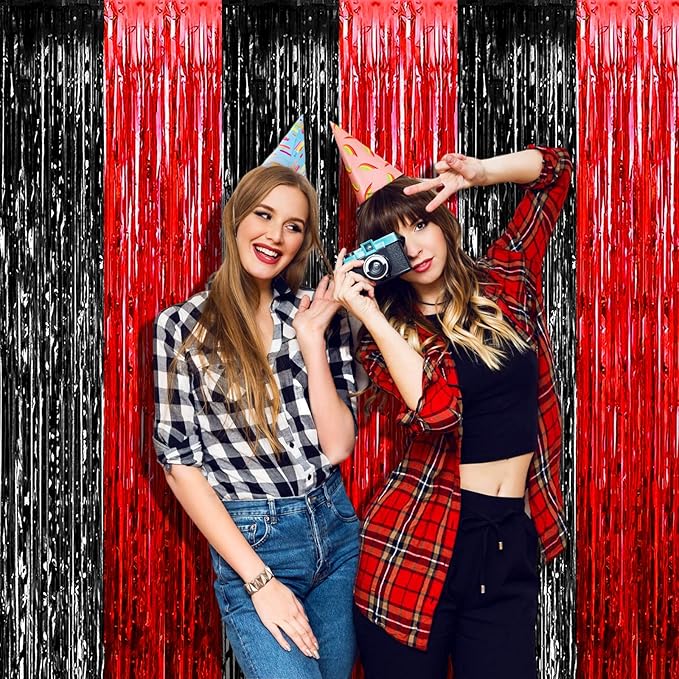 4 Pack 3.2Ft x 9.8Ft Black Red Foil Fringe Curtain Backdrop, Metallic Tinsel Foil Fringe Streamers Curtains for Photo Booth, Wedding, Casino Viva Las Vegas Game Night Birthday Party Decoration