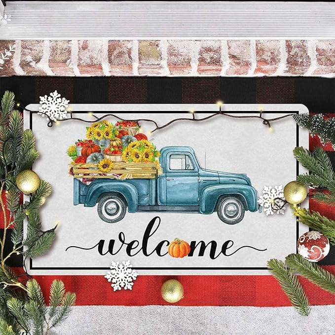 Happy-Thanksgiving Welcome Door Mat, Fall Truck Harvest Pumpkin Doormat for Front Door Outdoor Outside Entrance Porch Non Slip Rubber Rug Autumn Thanksgiving Farmhouse Decor, 24"x16"inch