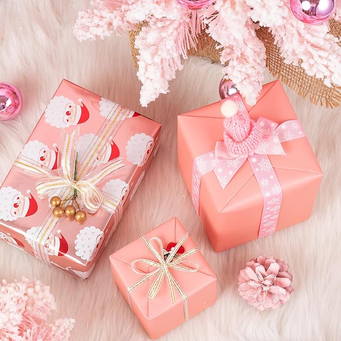 WRAPAHOLIC 30 Inch Jumbo Reversible Christmas Wrapping Paper - 30 Inch x 100 Feet Jumbo Roll Santa Claus Wrapping Paper and Solid Rose Gold Design with Metallic Foil Shine for Chrsitmas, Holiday