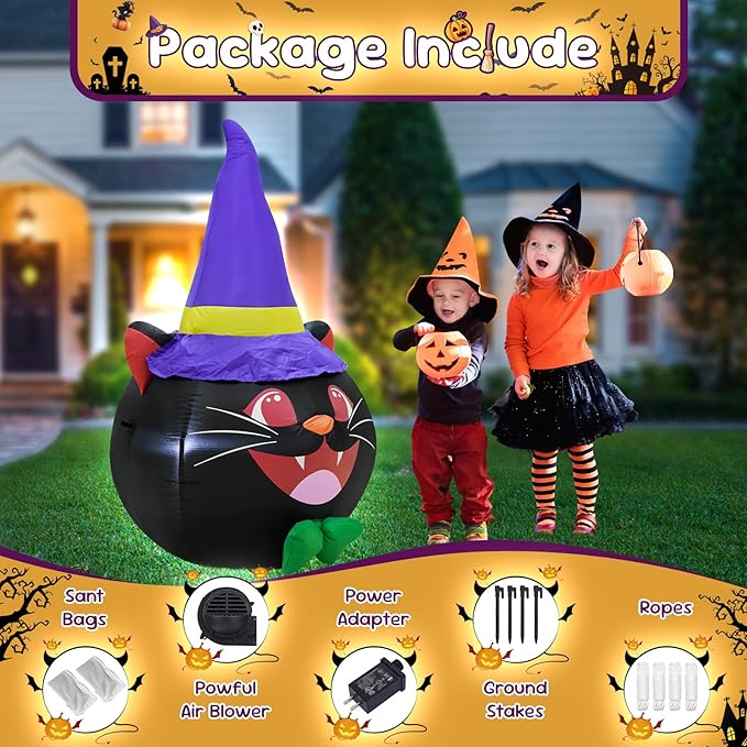 4FT Cat Head Halloween Inflatable Decoration Halloween Parties Holiday Decor Blow Up Decorations with LED Lights Indoor Outdoor Yard Graden Decor