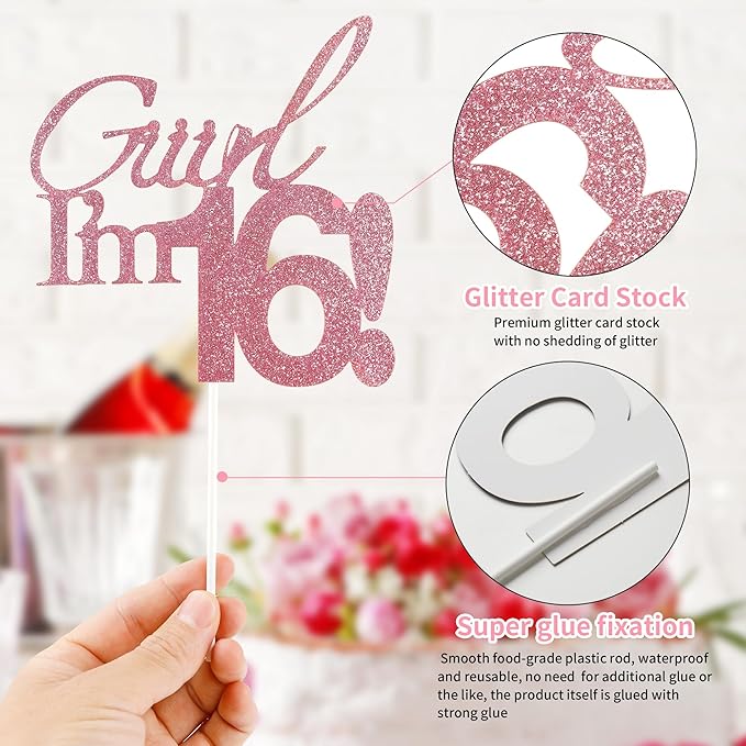 Giiirl I'm 16 Cake Topper - Pink Glitter Sweet 16 Birthday Decorations for Girls, Funny 16th Party Supplies for Teens, Girly I'm 16 Cake Decor (Giiirl I’m 16！, 16th)