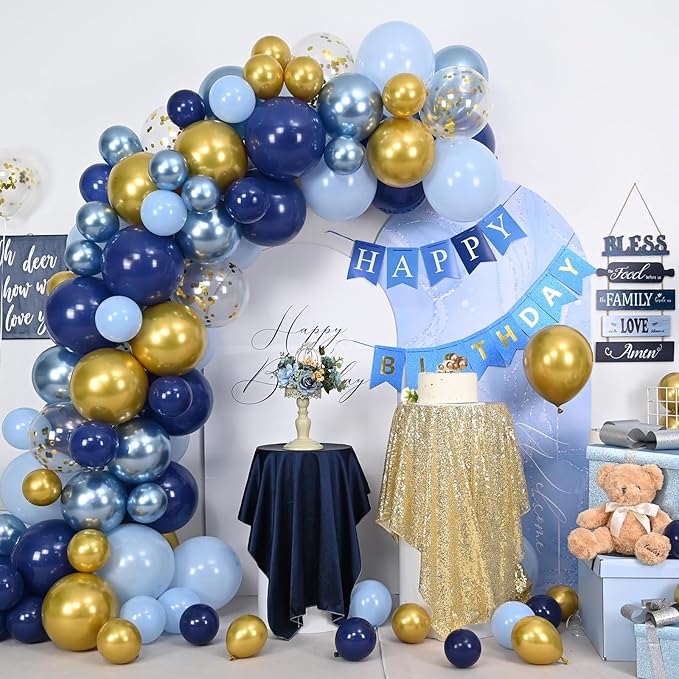 Blue Gold Balloons Garland Arch Kit, Navy Blue Light Blue Metallic Gold Blue Balloon Arch Kit, Macaron Blue Gold Confetti Balloon for Birthday Wedding Graduation Baby Shower Party Decorations