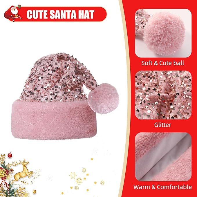 Personalized Sequin Santa Hat for Adults, Pink Glitter Christmas Party Hat, Xmas Halloween New Year Holiday Festive Headwear