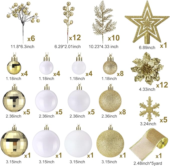 Sratte 94 Pcs Christmas Tree Decorations Set, Christmas Tree Ball Ornaments Glitter Poinsettia Flowers Decorations Glitter Berries Stems for Xmas Holiday Wedding(White, Gold)